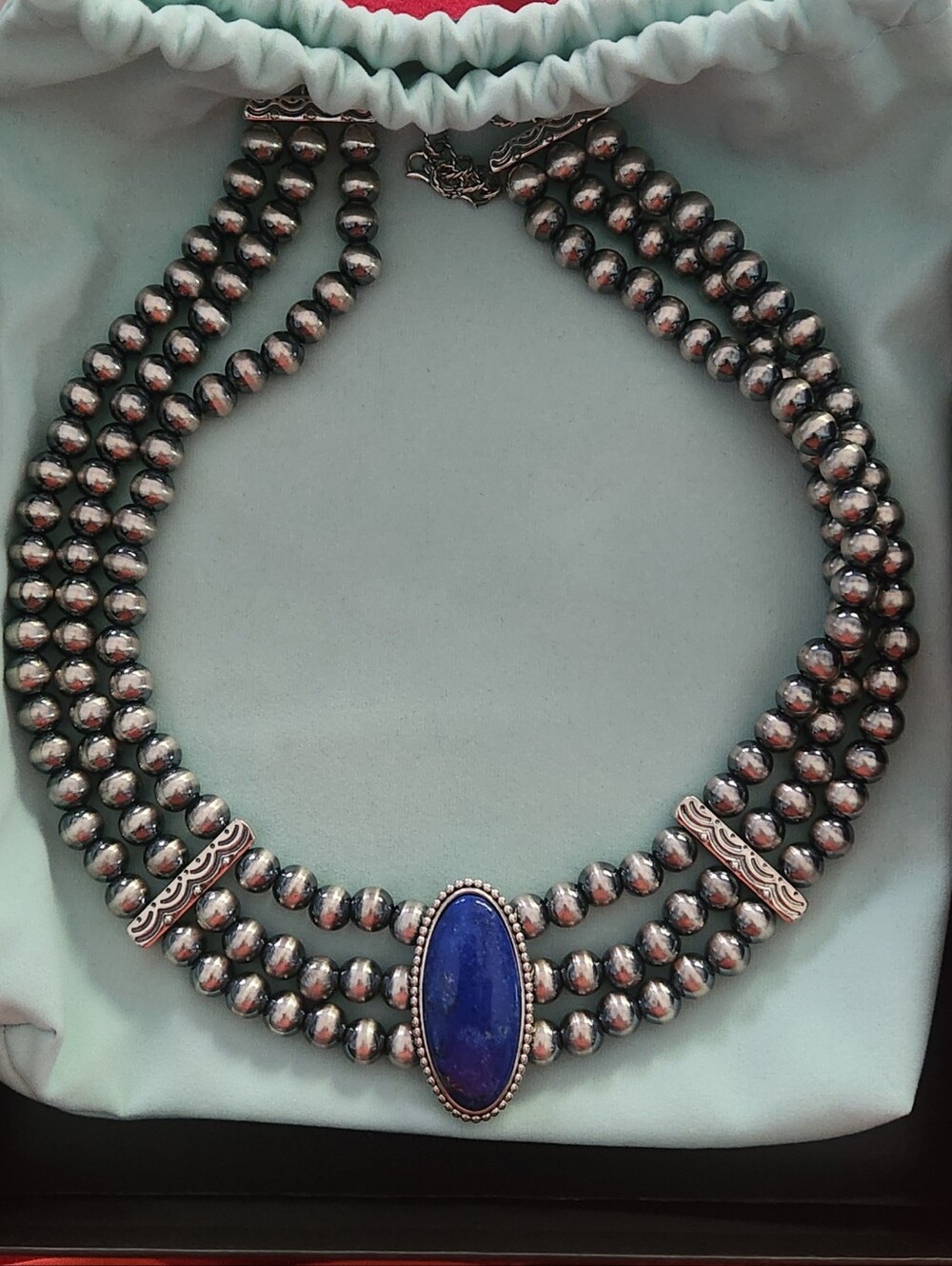 American West Carolyn Pollack Triple Silver Bead 925 Necklace Denim Lapis $2200
